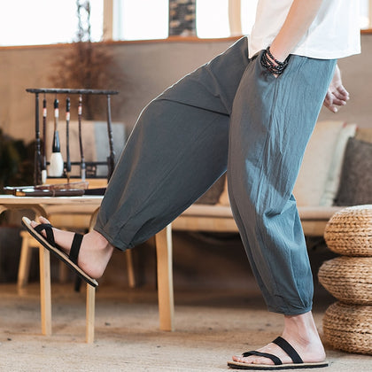 Plus size M- 6XL 7XL Summer Men Ankle-Length Cotton Linen Pants Sweatpants Streetwear Men wide leg Pants Bloomers Trousers