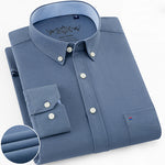 Men's Long Sleeve Oxford Plaid Striped Casual Shirt Front Patch Chest Pocket Regular-fit Button-down Collar Thick Work Shirts