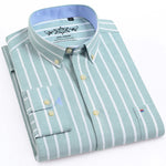 Men's Long Sleeve Oxford Plaid Striped Casual Shirt Front Patch Chest Pocket Regular-fit Button-down Collar Thick Work Shirts