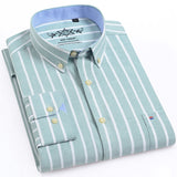 Men's Long Sleeve Oxford Plaid Striped Casual Shirt Front Patch Chest Pocket Regular-fit Button-down Collar Thick Work Shirts