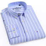 Men's Long Sleeve Oxford Plaid Striped Casual Shirt Front Patch Chest Pocket Regular-fit Button-down Collar Thick Work Shirts