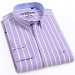 Men's Long Sleeve Oxford Plaid Striped Casual Shirt Front Patch Chest Pocket Regular-fit Button-down Collar Thick Work Shirts