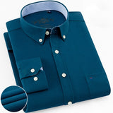 Men's Long Sleeve Oxford Plaid Striped Casual Shirt Front Patch Chest Pocket Regular-fit Button-down Collar Thick Work Shirts
