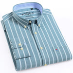 Men's Long Sleeve Oxford Plaid Striped Casual Shirt Front Patch Chest Pocket Regular-fit Button-down Collar Thick Work Shirts